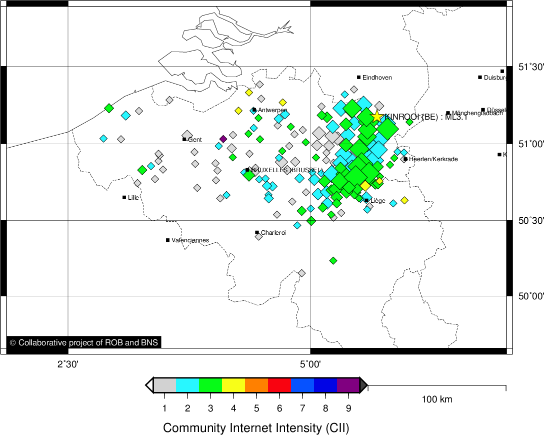 Carte représentant l'impact du tremblement de terre de Kinrooi